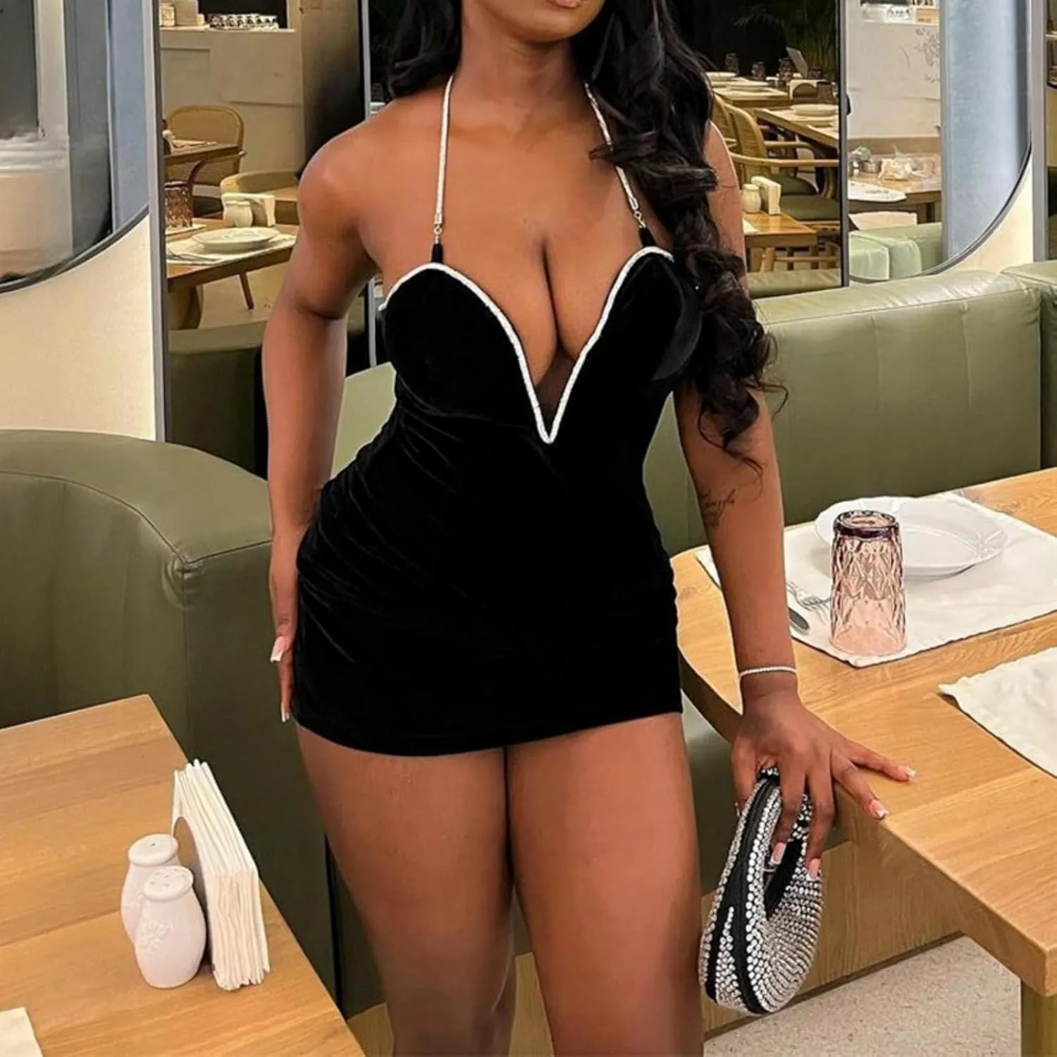 Women Sexy V-Neck Bodycon Mini Dress Halterneck Velvet Dresses for Wedding Party Night