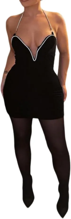 Women Sexy V-Neck Bodycon Mini Dress Halterneck Velvet Dresses for Wedding Party Night