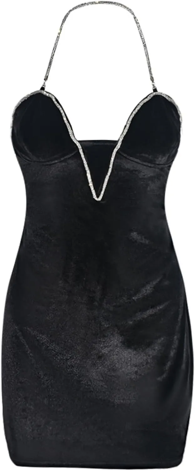 Women Sexy V-Neck Bodycon Mini Dress Halterneck Velvet Dresses for Wedding Party Night