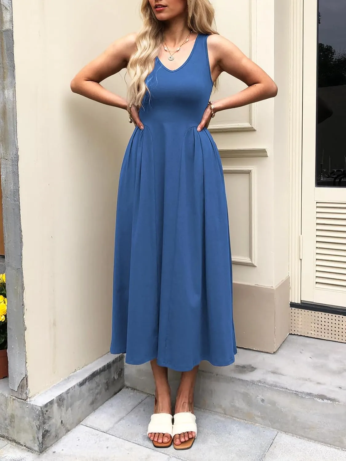 Women Summer Sleeveless Casual Dresses Pleated Waist Elegant Midi A-Line Flowy Swing Dress Sundress with Pockets