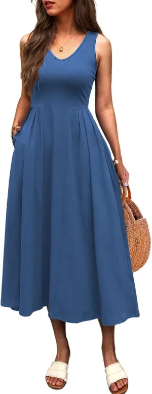 Women Summer Sleeveless Casual Dresses Pleated Waist Elegant Midi A-Line Flowy Swing Dress Sundress with Pockets