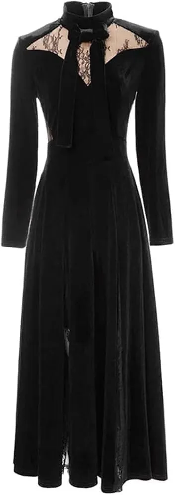 Women's Black Vintage Lace Patchwork Maxi Dress Stand Collar Long Sleeve Tie Holiday Party Dresses