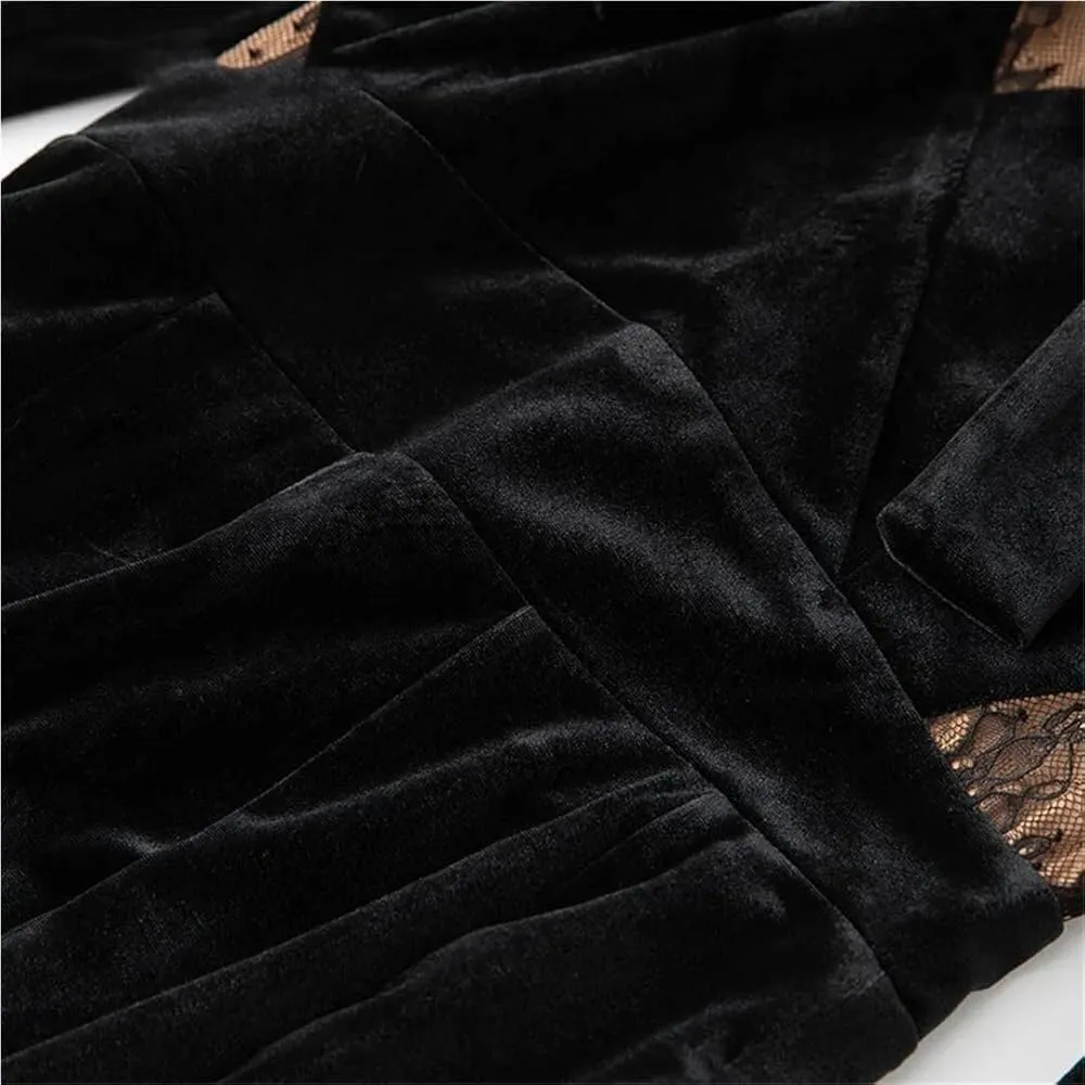 Women's Black Vintage Lace Patchwork Maxi Dress Stand Collar Long Sleeve Tie Holiday Party Dresses