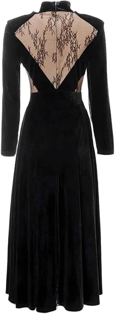 Women's Black Vintage Lace Patchwork Maxi Dress Stand Collar Long Sleeve Tie Holiday Party Dresses