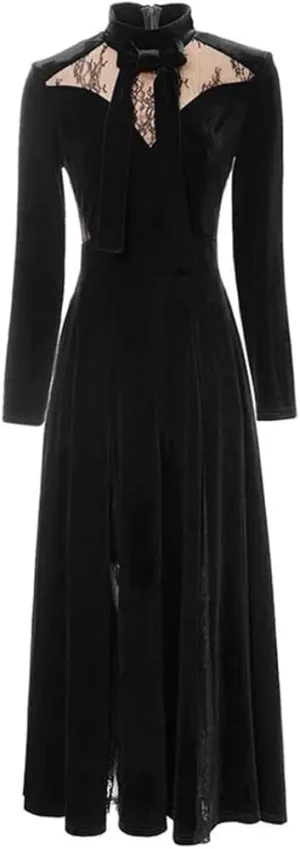 Women's Black Vintage Lace Patchwork Maxi Dress Stand Collar Long Sleeve Tie Holiday Party Dresses