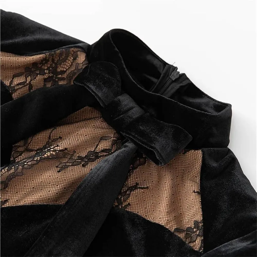 Women's Black Vintage Lace Patchwork Maxi Dress Stand Collar Long Sleeve Tie Holiday Party Dresses