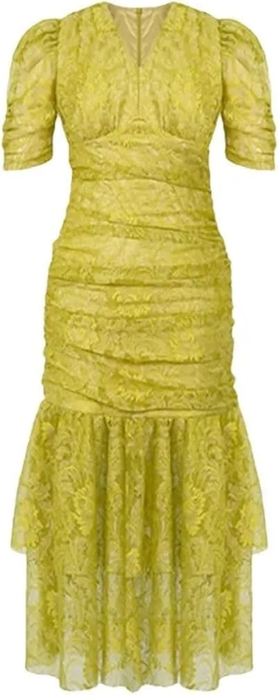 Women's Elegant Sweet Lace Evening Dress Puff Sleeves Slim Vacation Party Prom Long Dresses