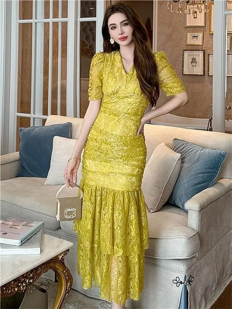 Women's Elegant Sweet Lace Evening Dress Puff Sleeves Slim Vacation Party Prom Long Dresses