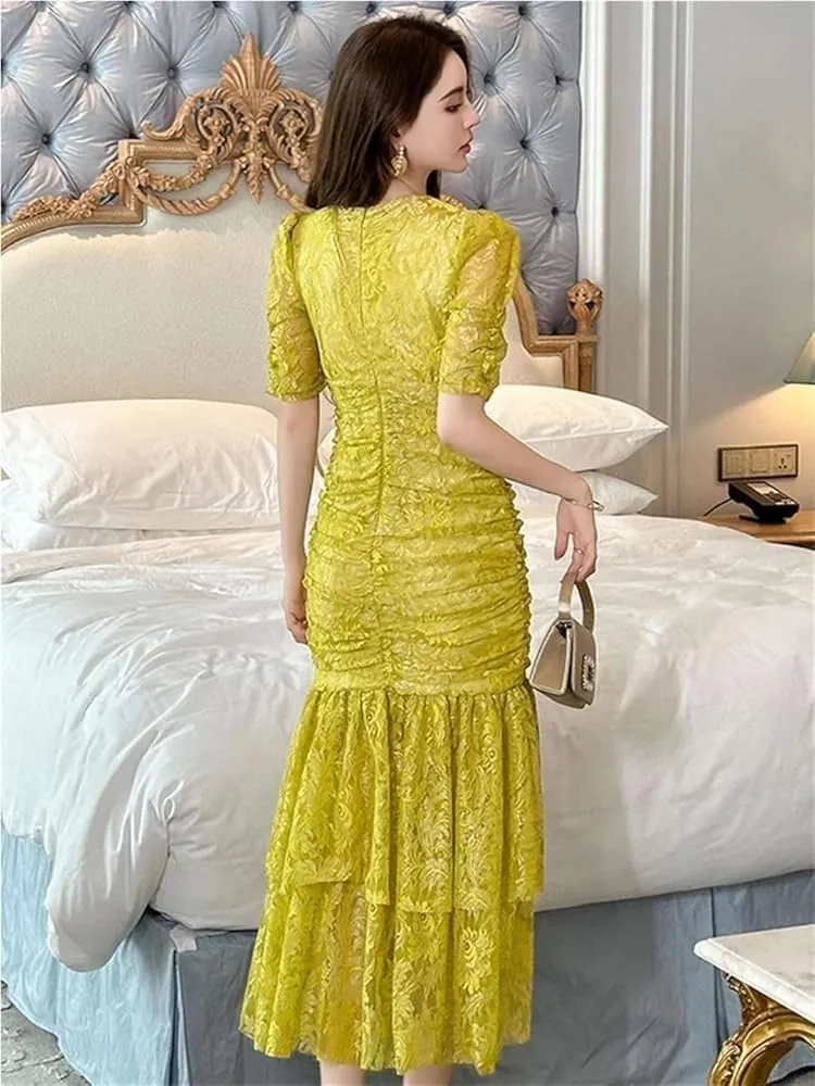 Women's Elegant Sweet Lace Evening Dress Puff Sleeves Slim Vacation Party Prom Long Dresses