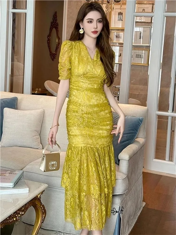 Women's Elegant Sweet Lace Evening Dress Puff Sleeves Slim Vacation Party Prom Long Dresses