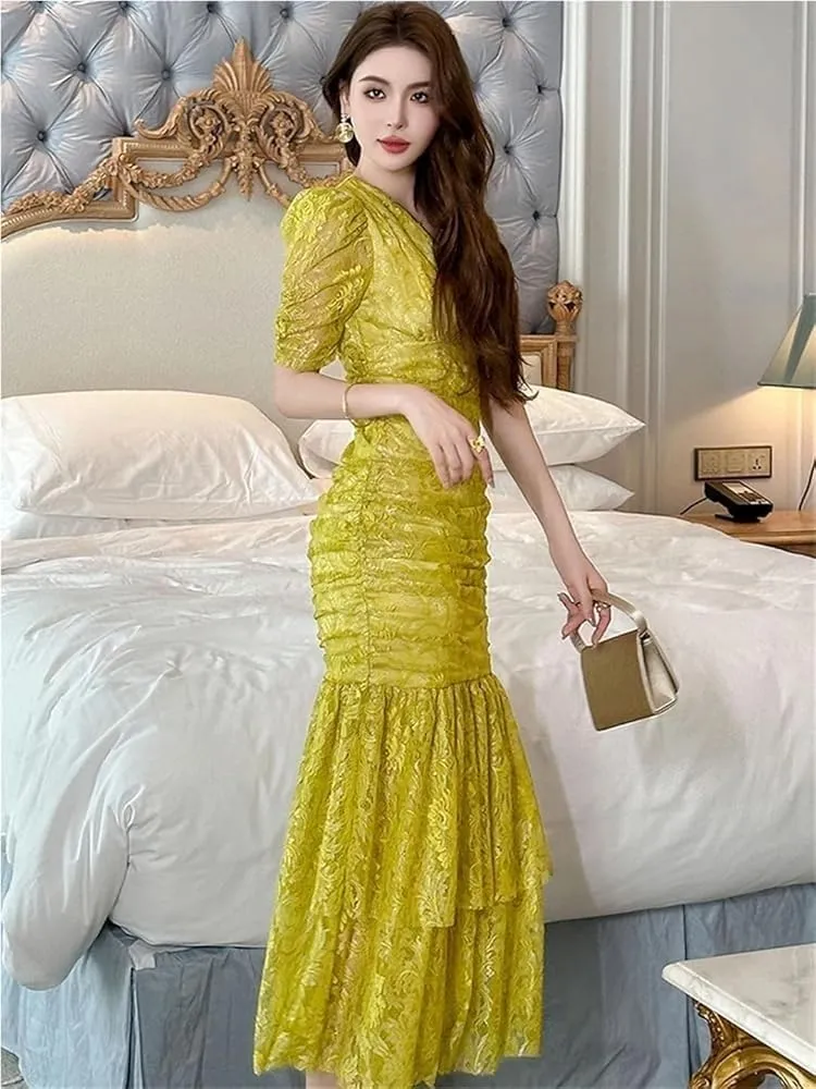 Women's Elegant Sweet Lace Evening Dress Puff Sleeves Slim Vacation Party Prom Long Dresses