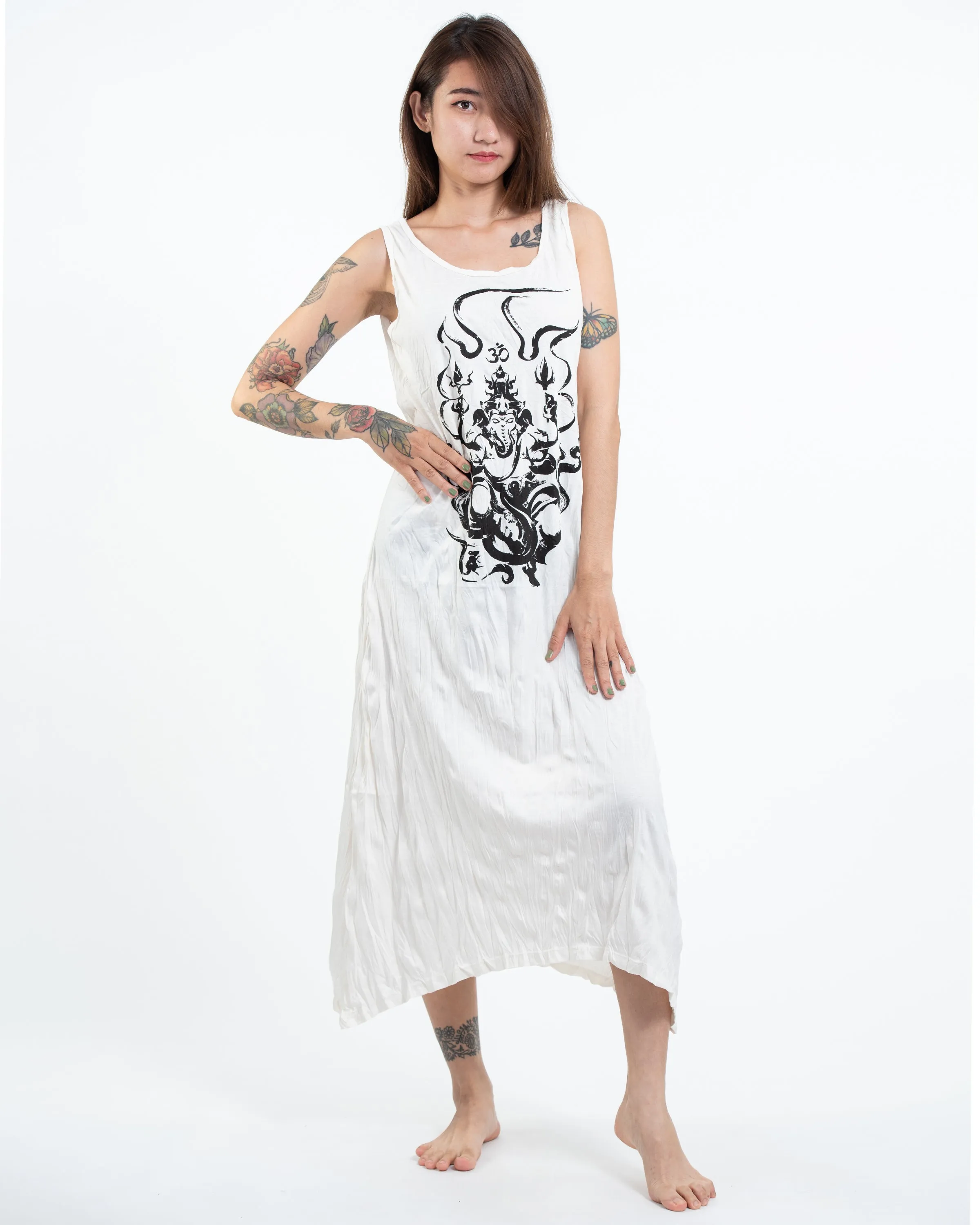 Womens Ganesh Chakra Long Tank Dress in White