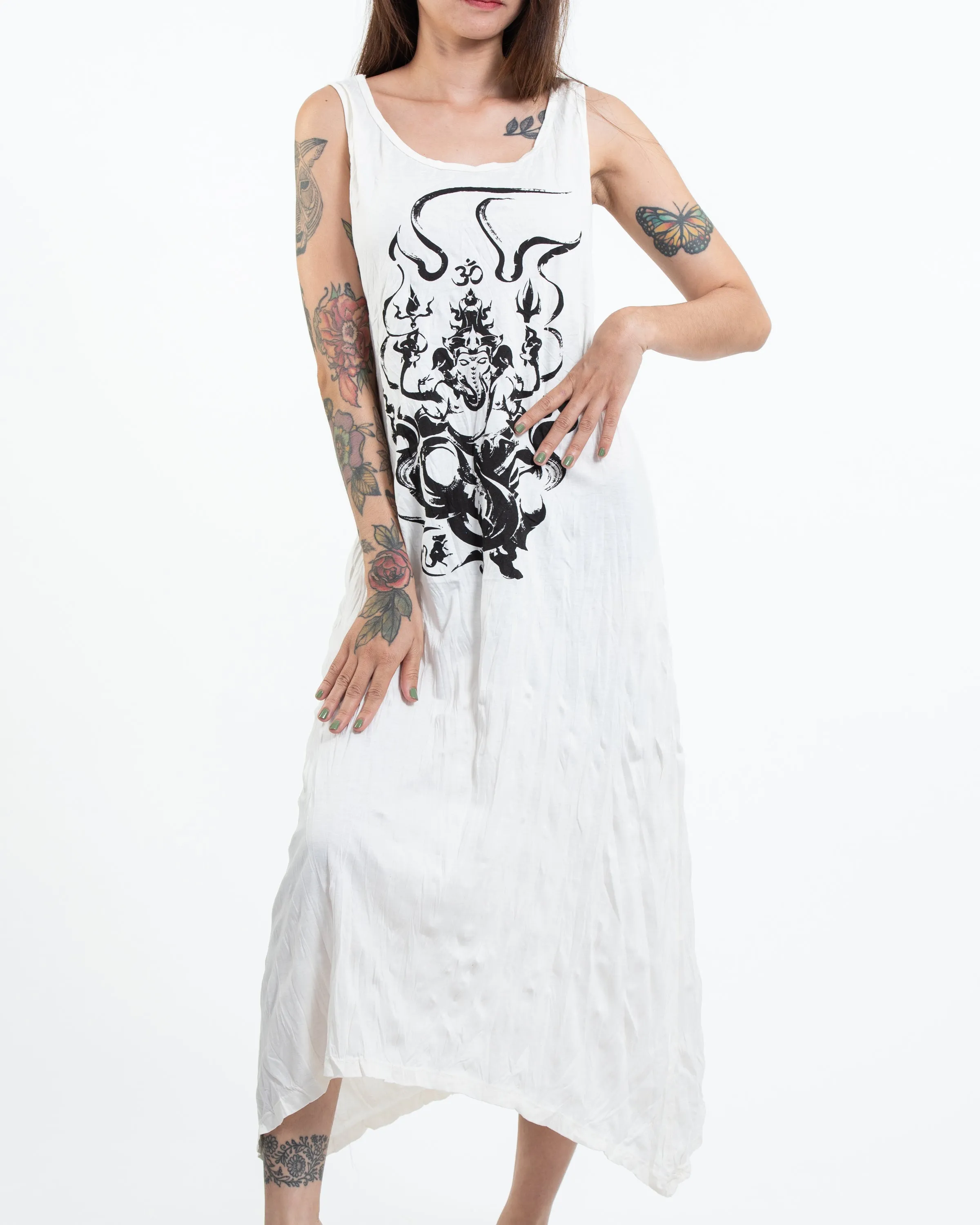 Womens Ganesh Chakra Long Tank Dress in White