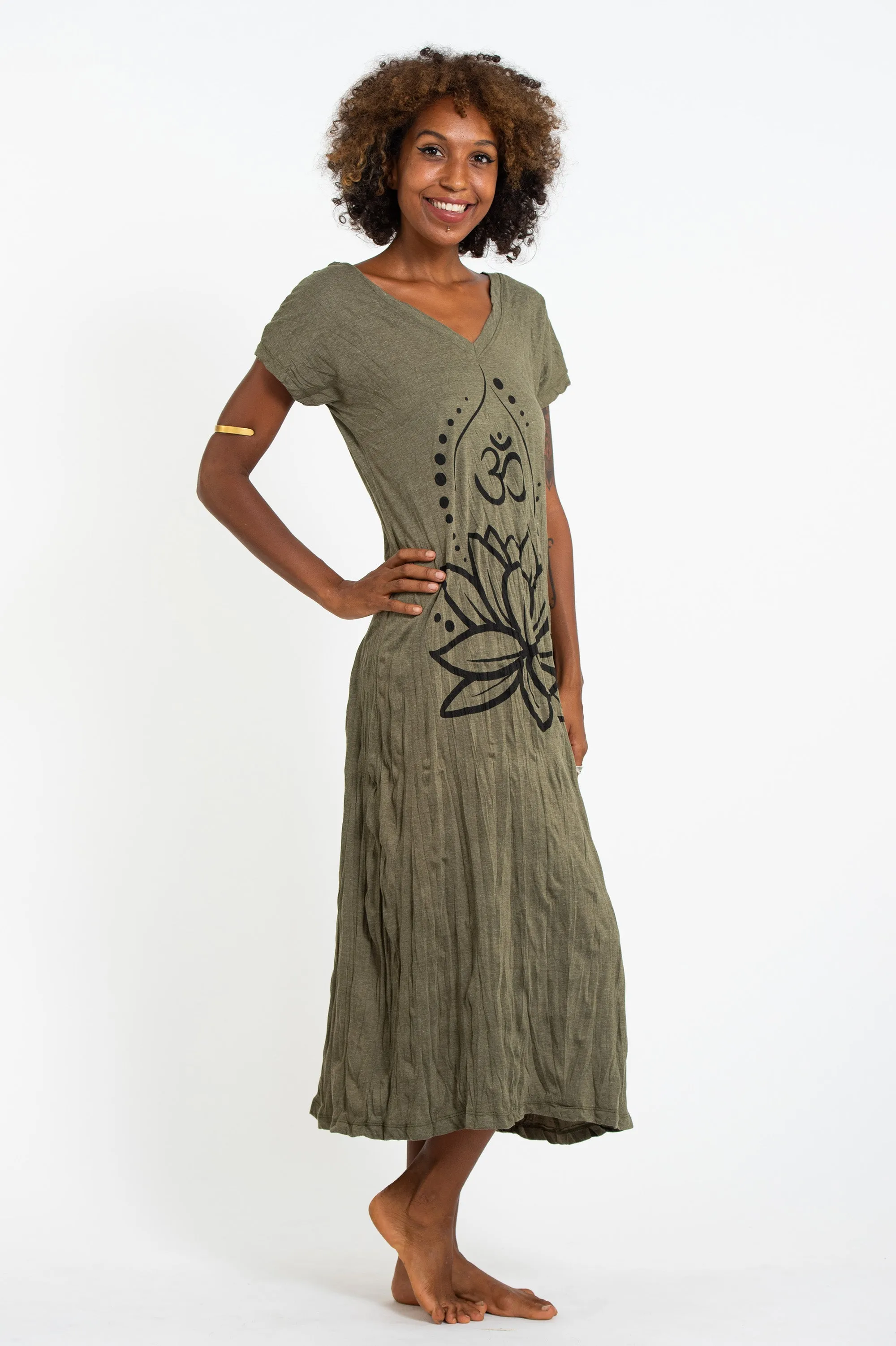 Womens Lotus Om V Neck Long Dress in Green