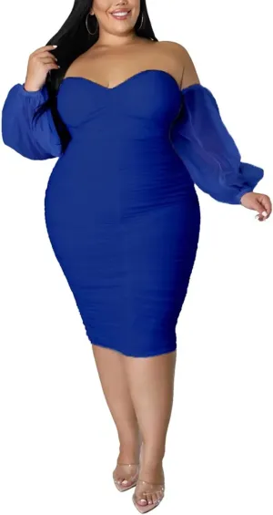 Women's Plus Size Off The Shoulder Mesh Long Sleeve Bodycon Ruched Midi Party Cocktail Dress