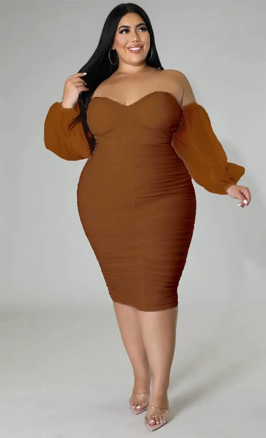 Women's Plus Size Off The Shoulder Mesh Long Sleeve Bodycon Ruched Midi Party Cocktail Dress