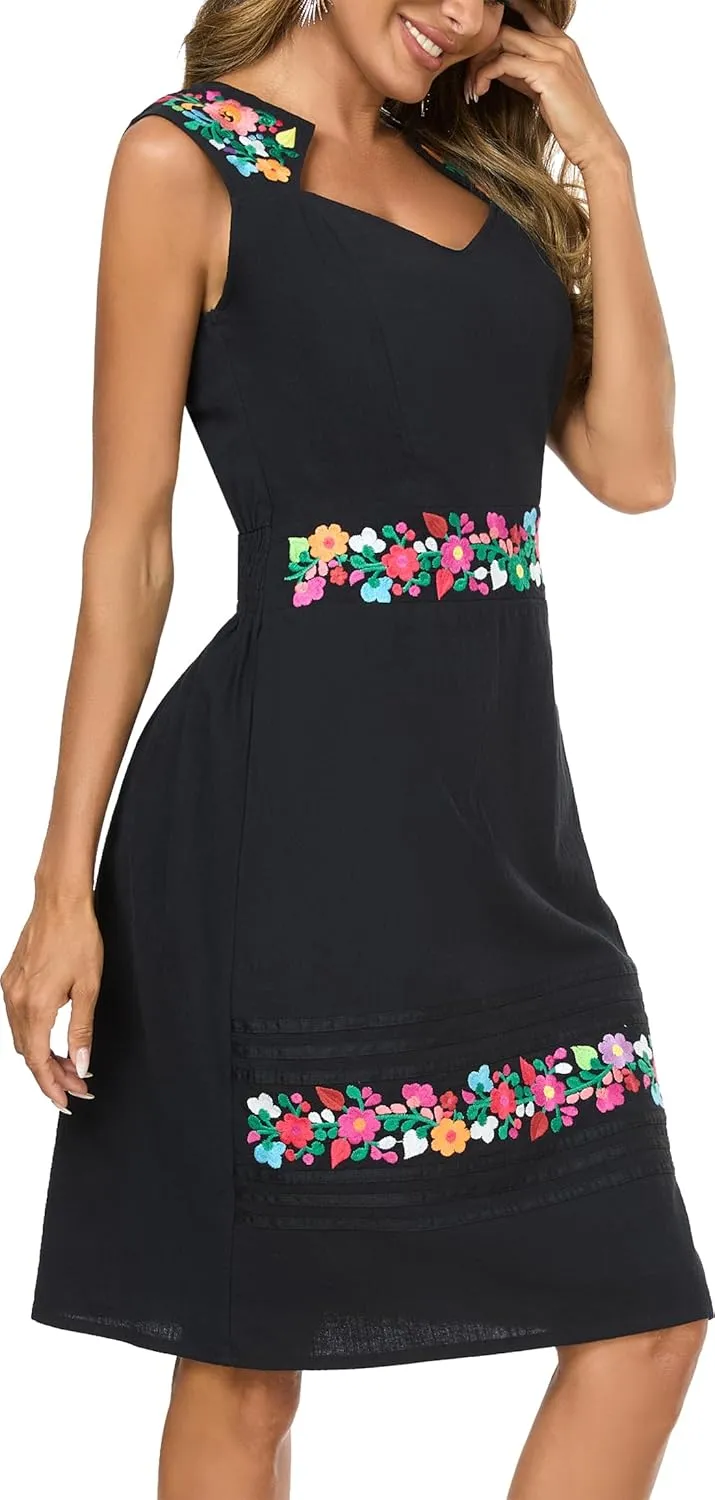 Women's Vintage Summer Dress Floral Embroidered V Neck Casual Party Cocktail Wrap Dress