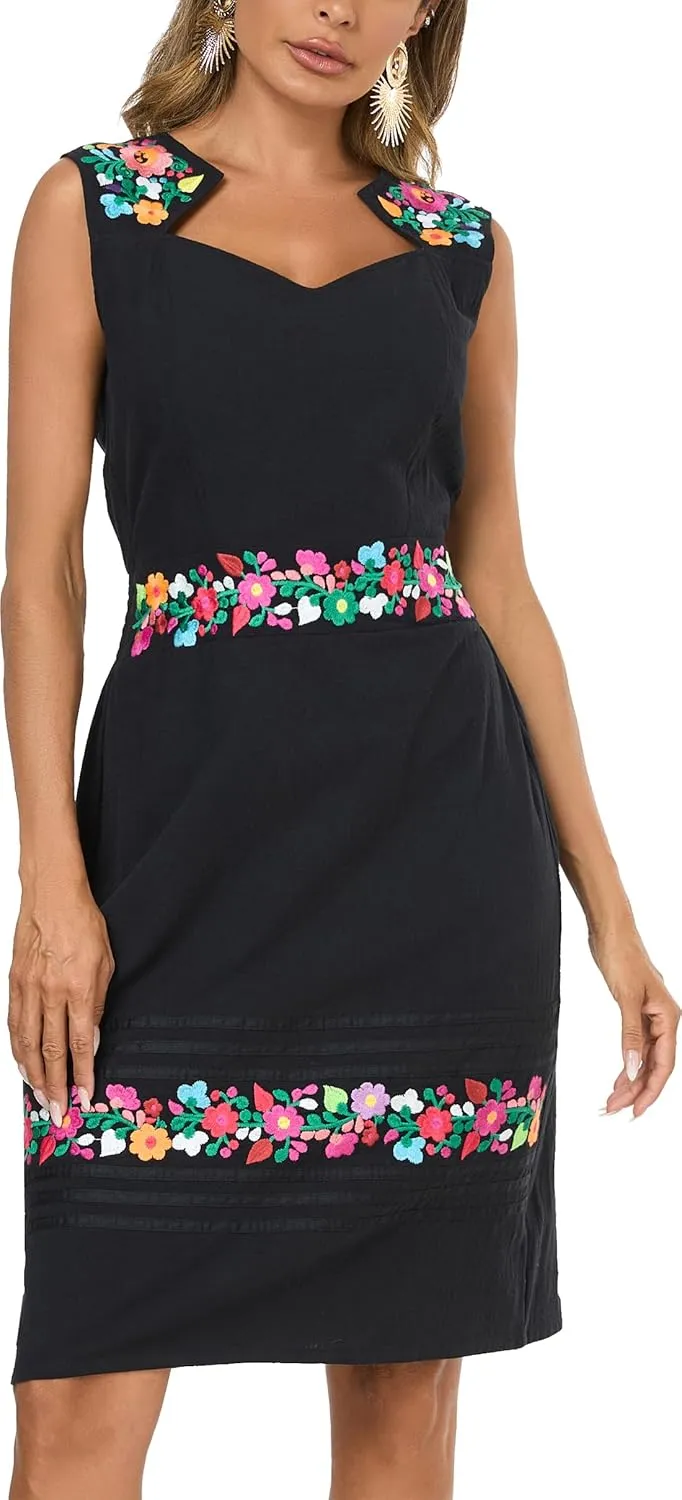 Women's Vintage Summer Dress Floral Embroidered V Neck Casual Party Cocktail Wrap Dress