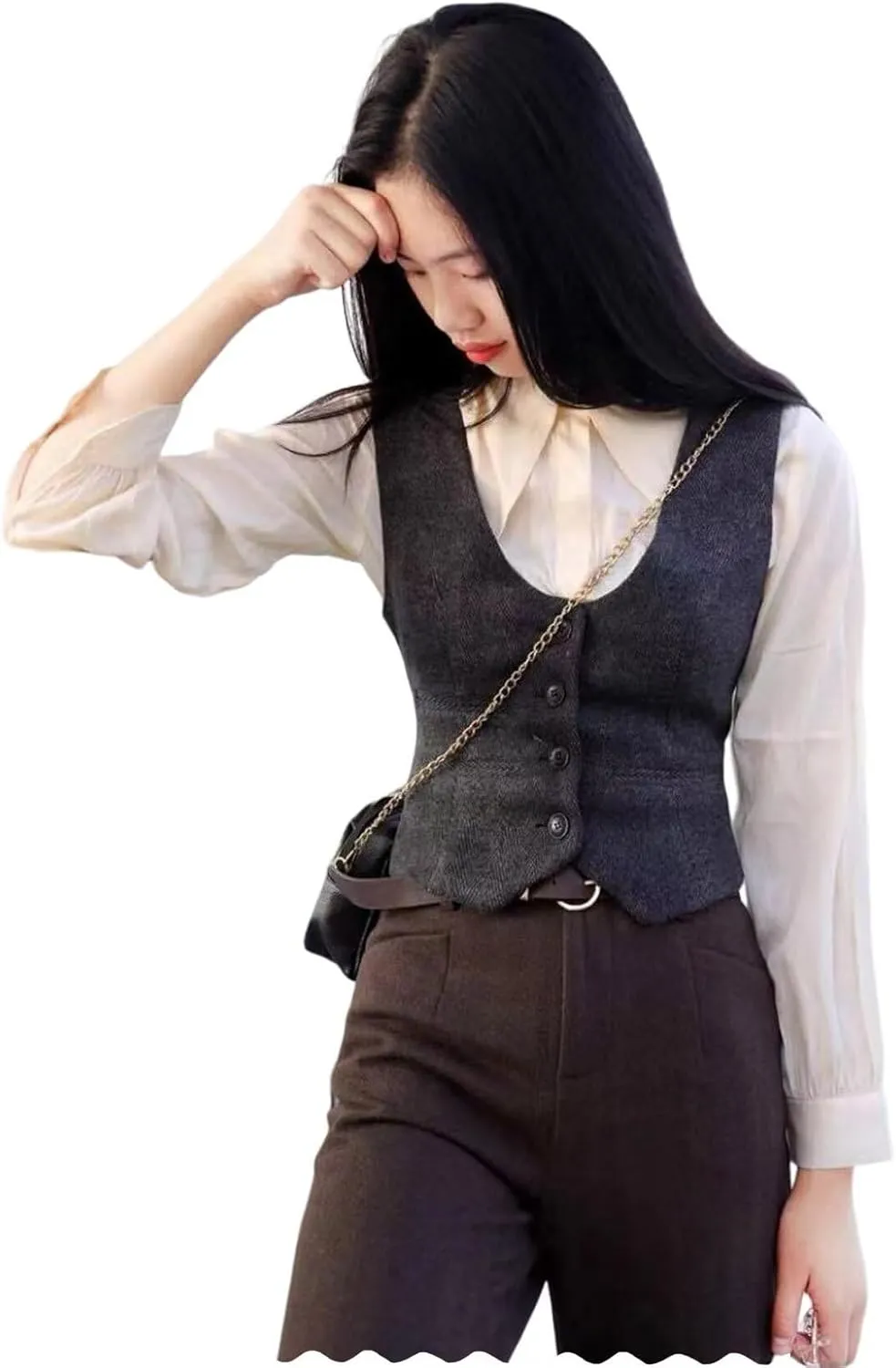 Womens Vintage Waistcoat Herringbone Tweed Button Down Casual Dressy Suit Vest