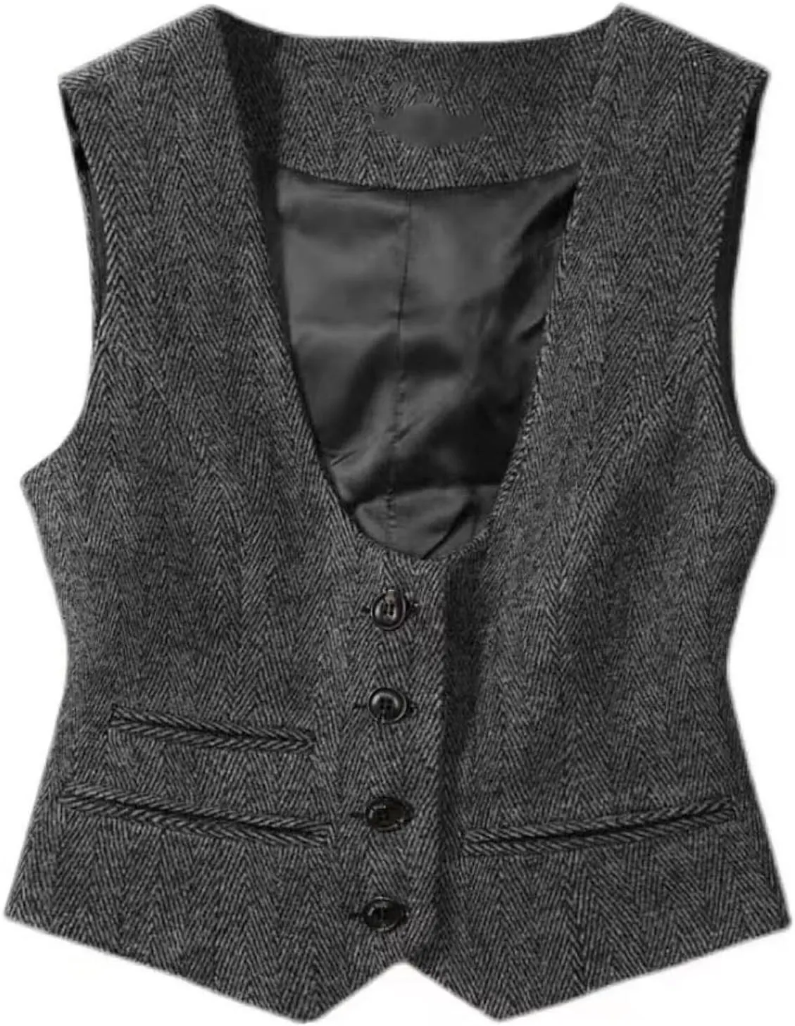 Womens Vintage Waistcoat Herringbone Tweed Button Down Casual Dressy Suit Vest