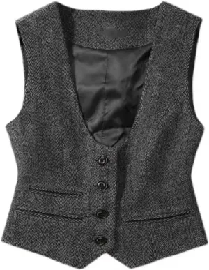 Womens Vintage Waistcoat Herringbone Tweed Button Down Casual Dressy Suit Vest