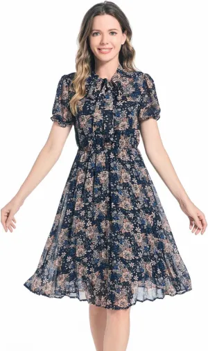 Work Dresses for Women 2023 Long Sleeves Chiffon Black Dress Retro Pleated Buttons Down Bow Tie Loose Causal Dresses