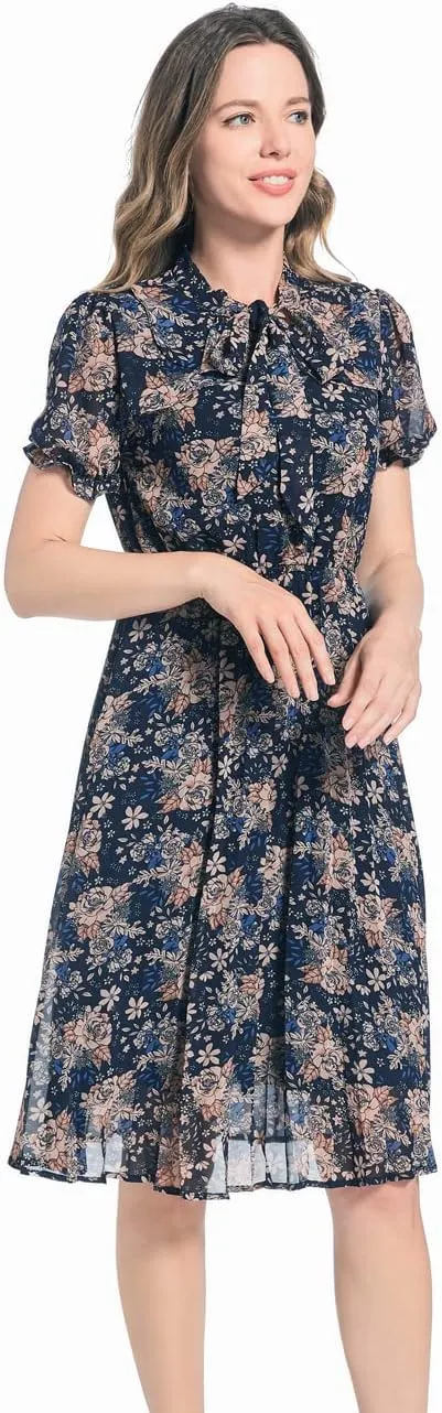 Work Dresses for Women 2023 Long Sleeves Chiffon Black Dress Retro Pleated Buttons Down Bow Tie Loose Causal Dresses