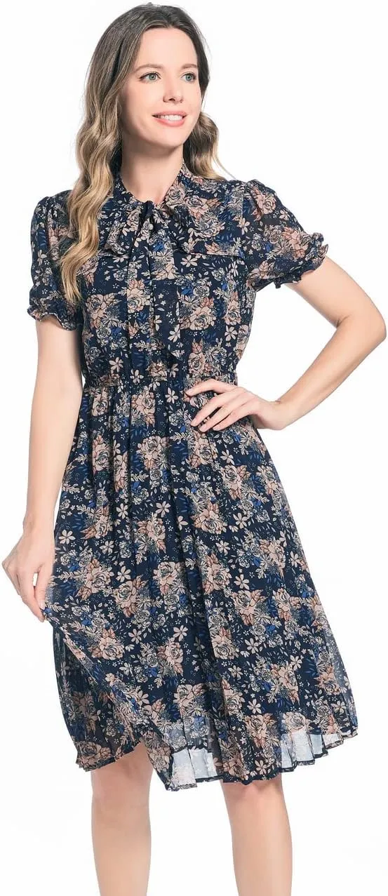 Work Dresses for Women 2023 Long Sleeves Chiffon Black Dress Retro Pleated Buttons Down Bow Tie Loose Causal Dresses