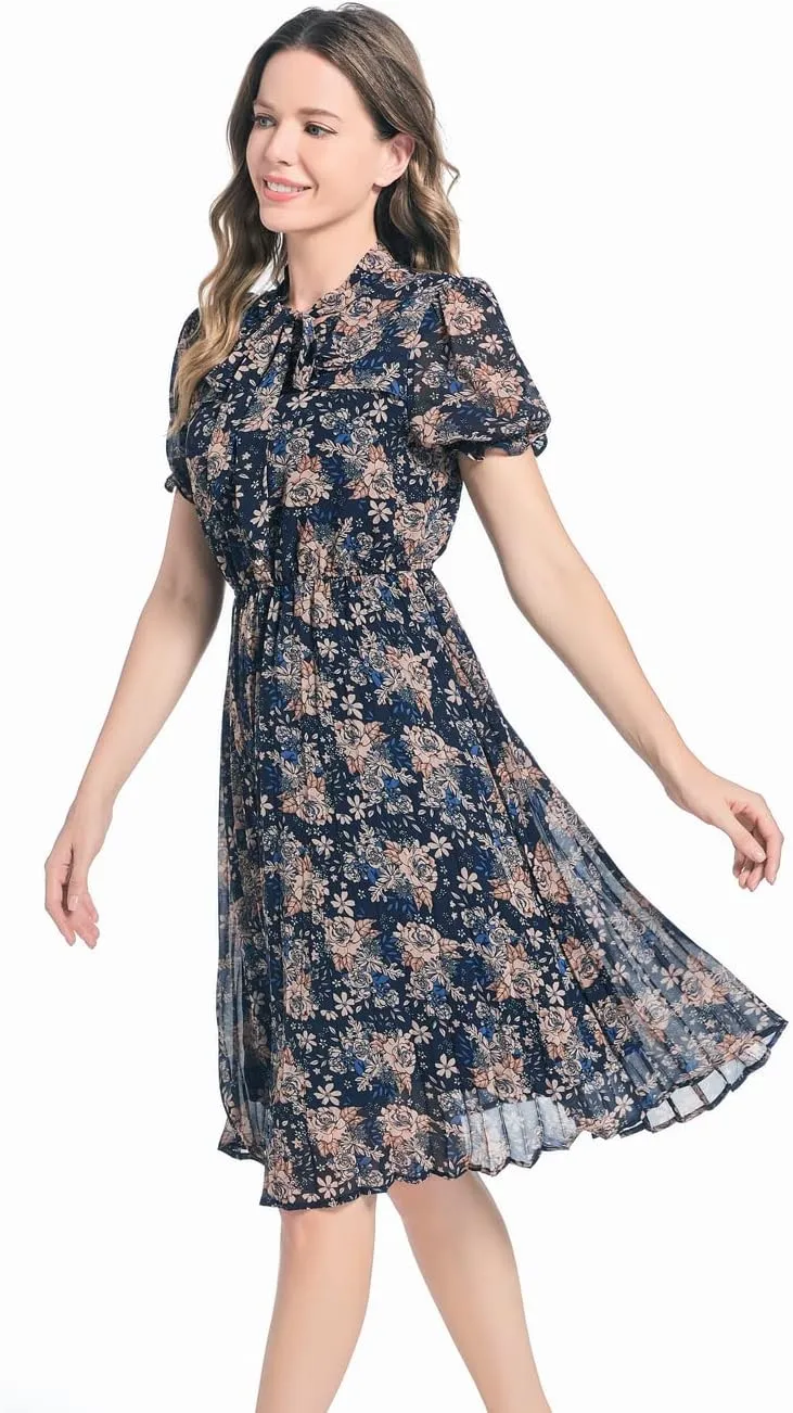 Work Dresses for Women 2023 Long Sleeves Chiffon Black Dress Retro Pleated Buttons Down Bow Tie Loose Causal Dresses
