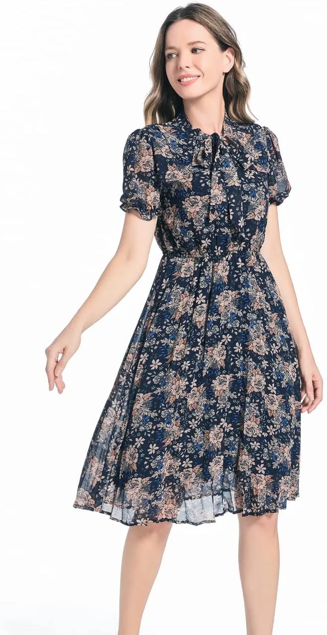 Work Dresses for Women 2023 Long Sleeves Chiffon Black Dress Retro Pleated Buttons Down Bow Tie Loose Causal Dresses